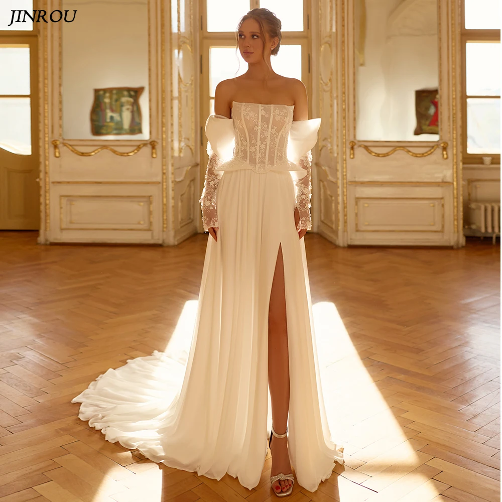 Customized Wedding Dresses Strapless Lace Applique A-line Bridal Gowns Detachable Cape Sleeves Bow Side Slite Vestidos De Novial