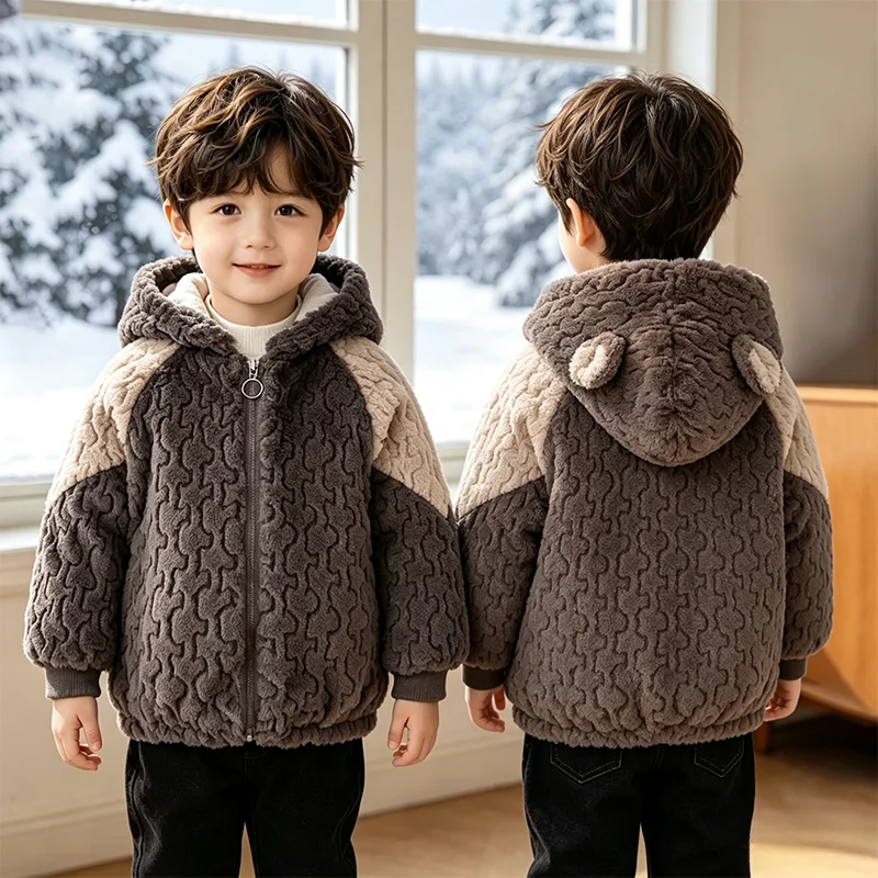 1-6 Years Boys Winter Plush Warm Jacket Faux Fur Cartoon Ear Hooded Coat Kids Fashion Color Blocking Sports Outerwear  Yk129