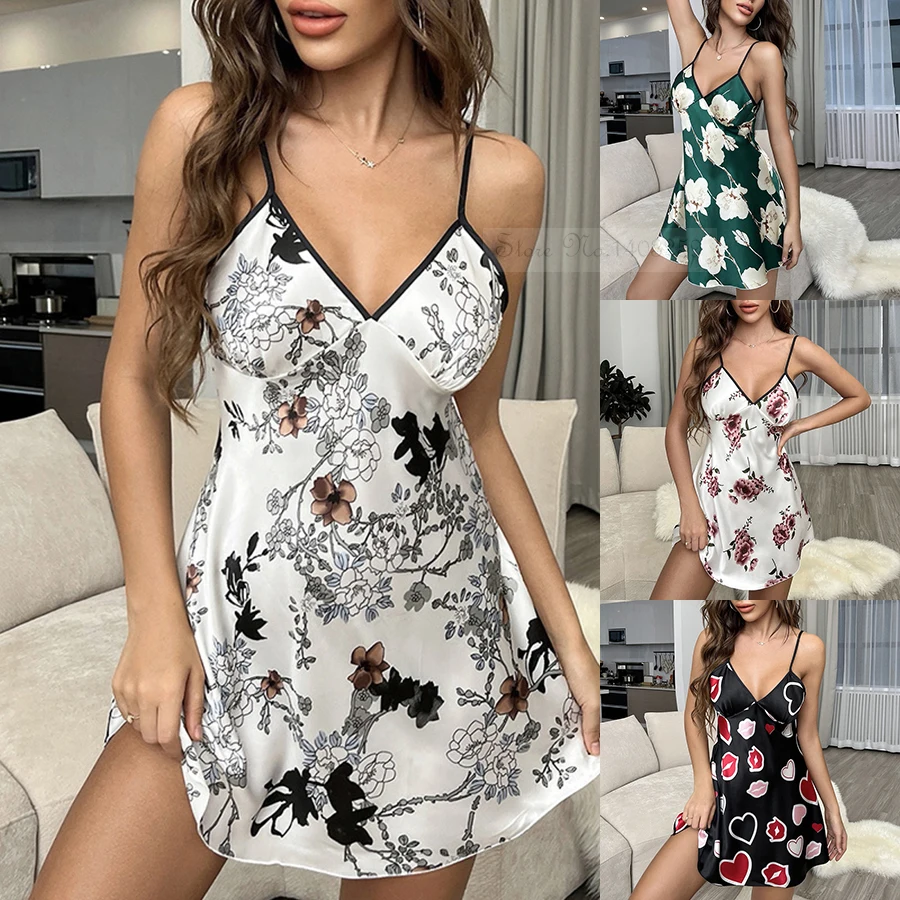 Sexy V-Neck Nightdress Print Flower Suspender Nightgown Summer New Female Sleepwear Bathrobe Gown Silk Satin Home Dressing Gown