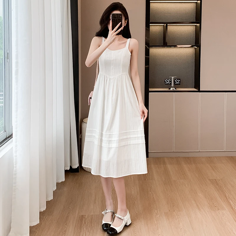 

Summer New Small Fragrant Gentle Temperament White Sling Dress Square Collar Sleeveless A-line Chiffon Mid Length Skirt Women