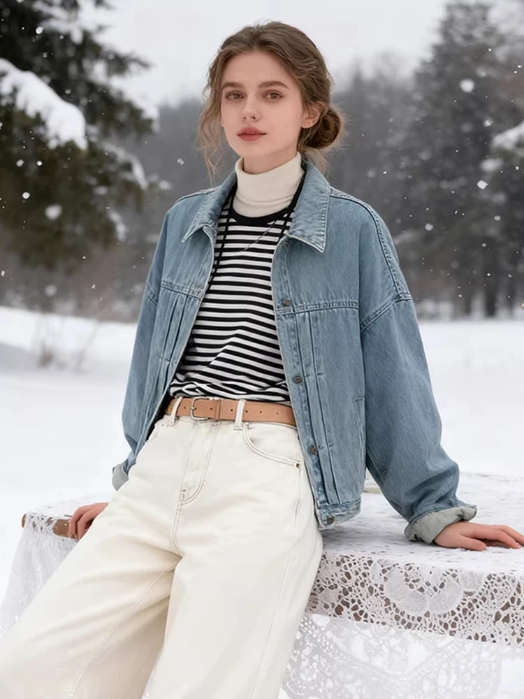 

Retro Sle Loose Fit Women's Light Blue Denim Jaet ort Casual Top Button up Versatile Autumn Winter Outerwear Coat