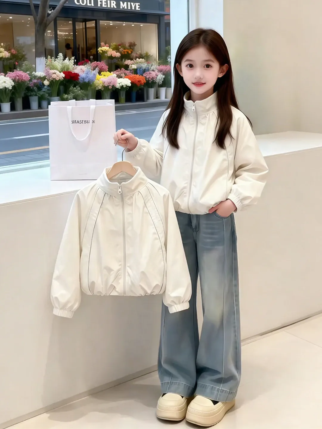 Korean Style Zipper Girls Jacket Loose Casual Thin Stand Collar Children Outerwear Autumn Fashionable Top for Girls