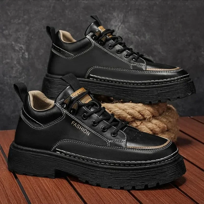 Men Workwear Shoes All Seasons Retro Casual Sneakers Distressed Texture Chunky Sole Lace Up Stitching Details Footwear