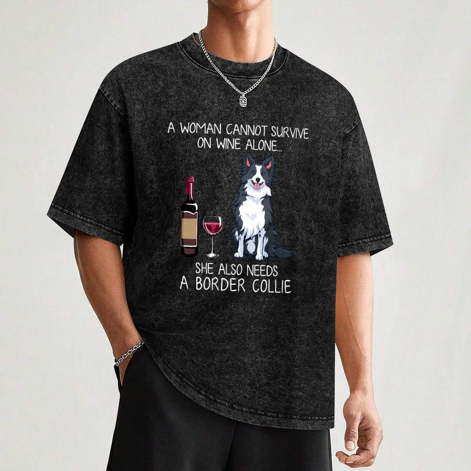 Border Collie and wine Funny dog T-Shirt Lightweight Print T-Shirt