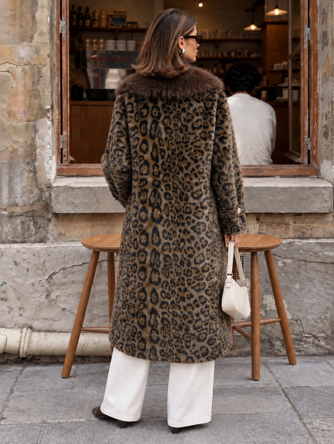 Vintage Leopard Print Faux Mink Fur Coat Women Drawstring Faux Fur Collar Plush Winter Long Jacket Luxury Warm Fur Outerwear