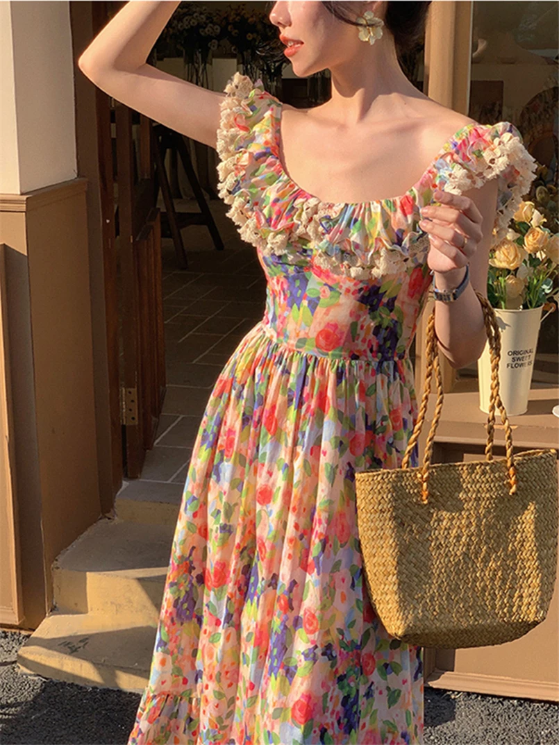 Stylish Floral Print Cotton Maxi Dresses Summer Fairycore Lace Patchwork Elegant Party Long Dress Women Big Collar Vestidos