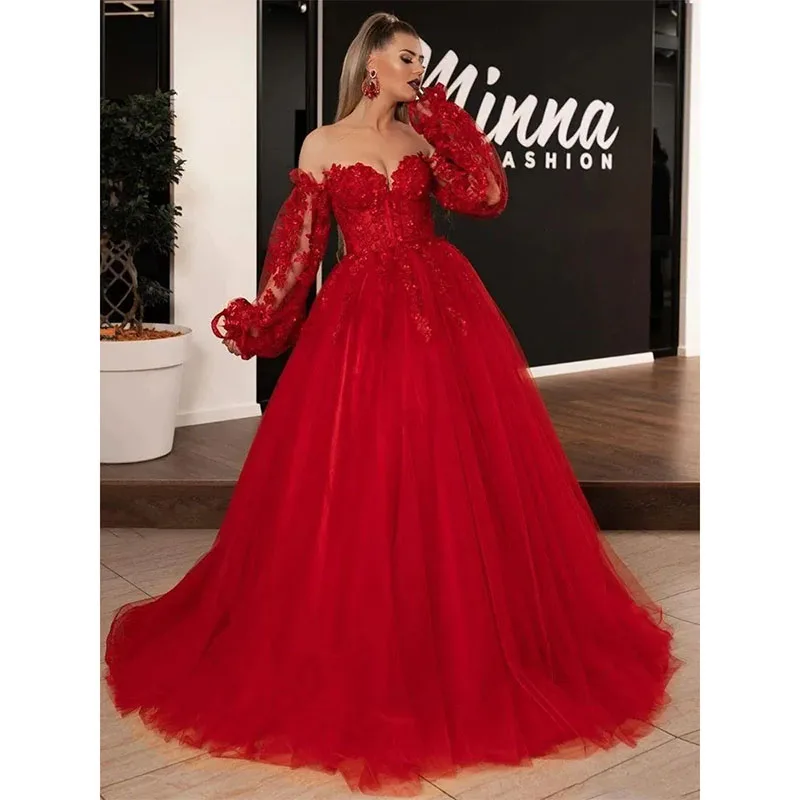 Sweetheart Red Tulle Prom Dresses With Removable Long Sleeves Delicate Lace Appliqued Women Special Occasion Party Gowns