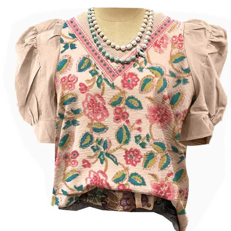 Elegant Floral Print Puff Sleeve V-Neck Women Blouse Top Flower Print  Casual Pullover Woman Shirt