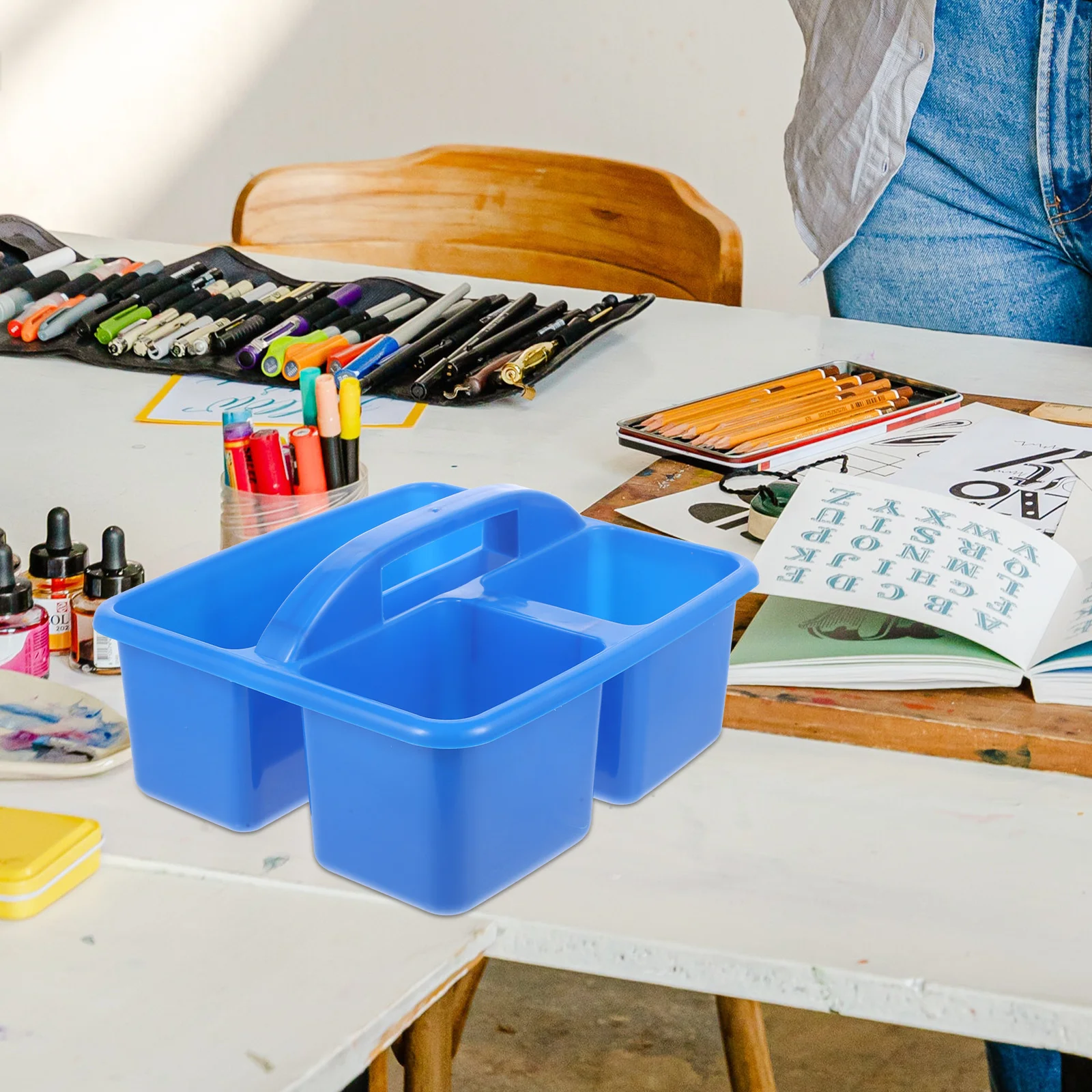 Handheld Multicolor Art Supply Organizer Storage Basket for Classroom Student Desk Painting Pen Container Portable Stationery