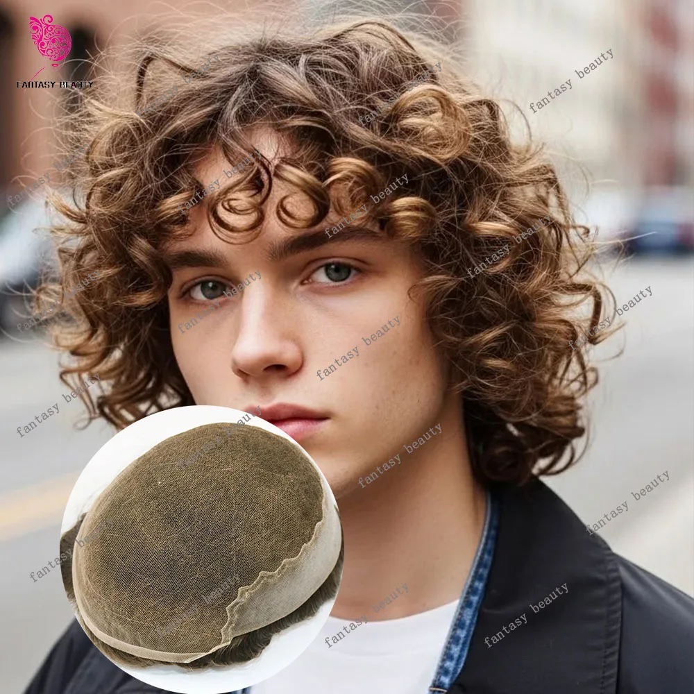 Invisible Hairline 26MM Curly Blonde Q6 Hair System Breathable Men Toupee HD Lace Front&PU Skin Human Hair 1B20 Grey Hair System