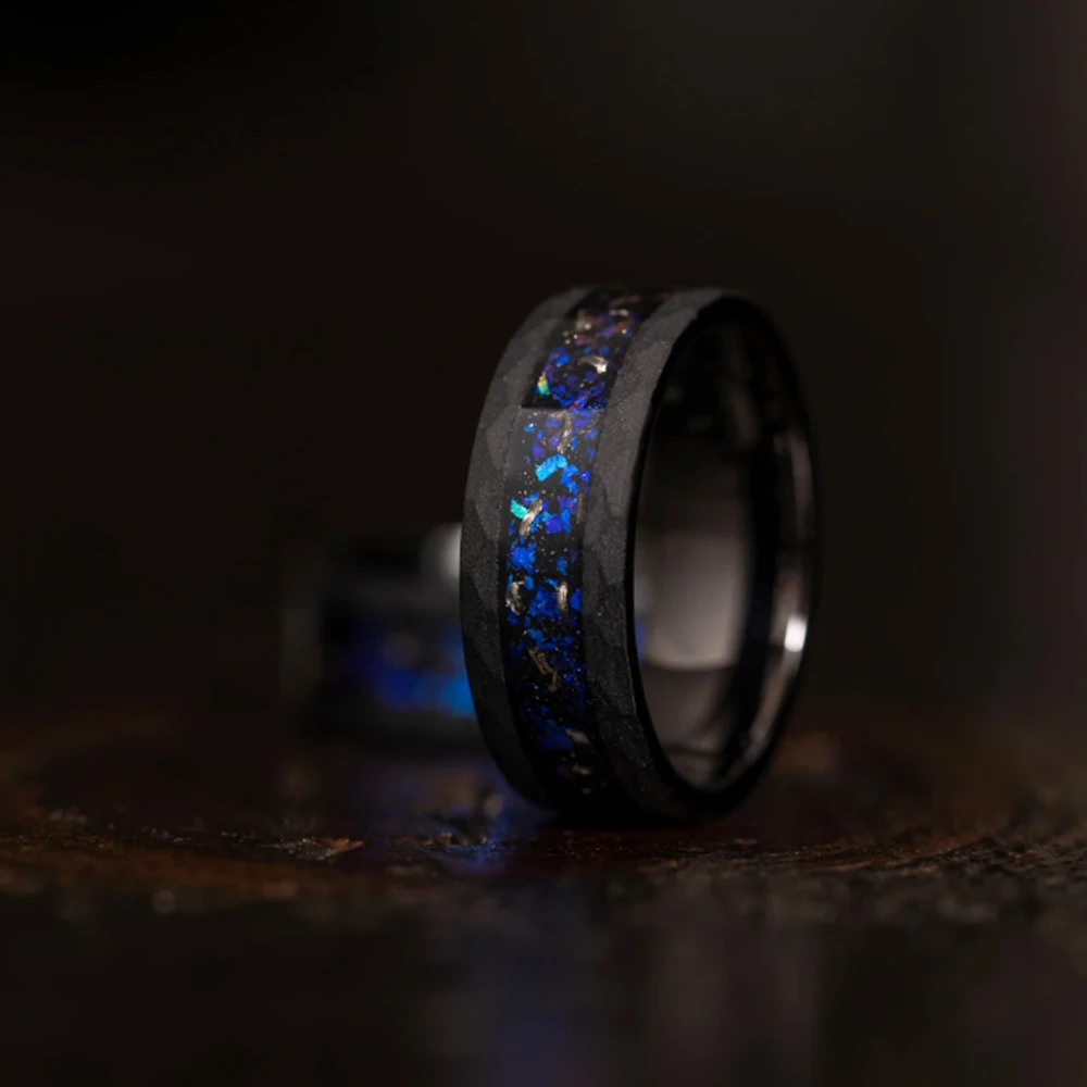 8mm Black Hammered Meteorite Ring Tungsten Galaxy Opal Inlay Luxury Wedding Band for Men Women Fashion Engagement Wedding Band