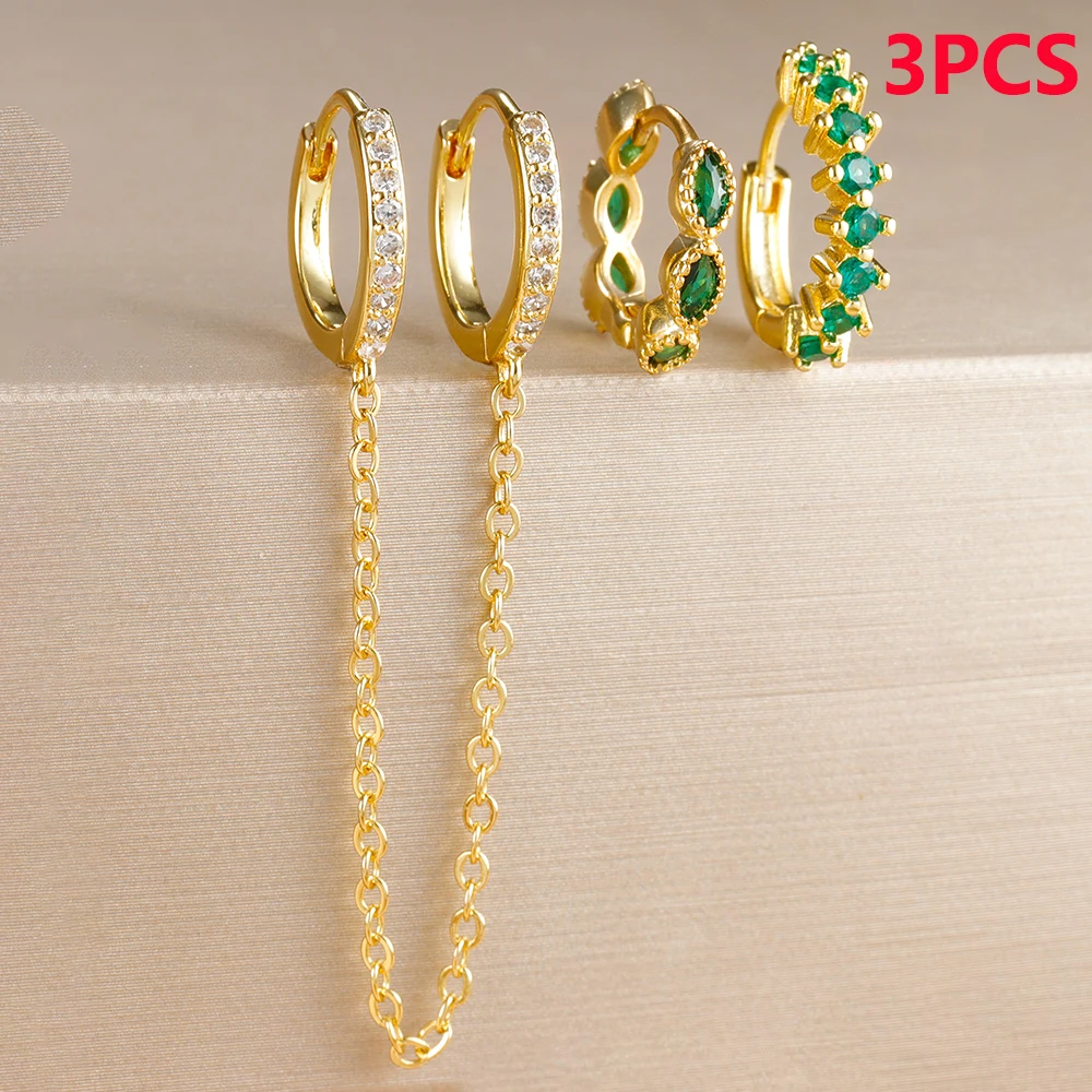 3PCS Gold Color Double Holes Chain Hoop Earrings Set for Women Stainless Steel Crystal Tassel Earrings Wedding Jewelry Gift 2024