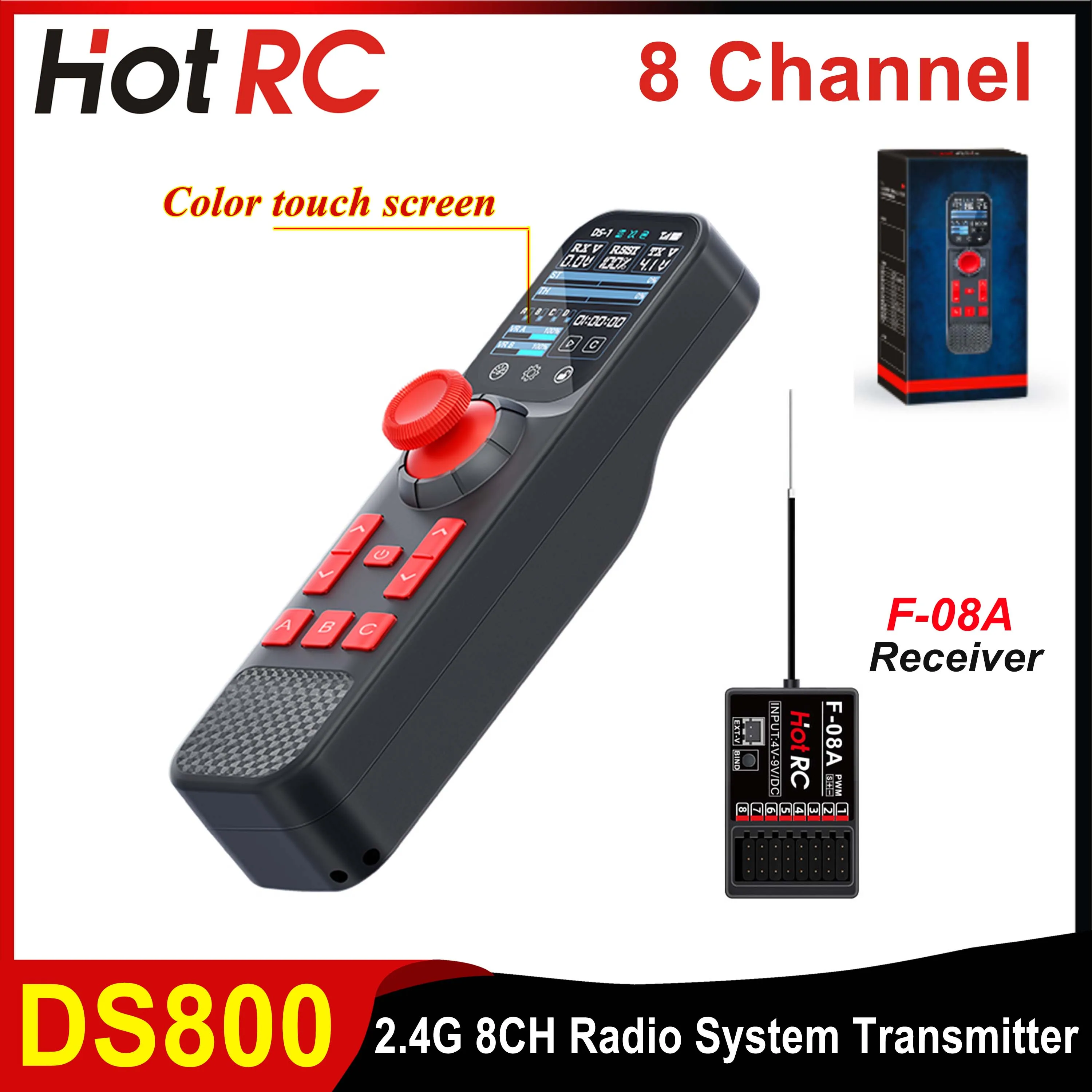 جديد HOTRC DS800 2.4G 8CH الارسال اللون شاشة تعمل باللمس نظام الراديو التحكم عن بعد F-08A استقبال ل RC سيارة الزاحف أجزاء القوارب