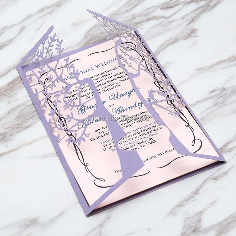 

50 шт. персонализированное дерево с сердцем, лазерная резка, элегантное свадебное приглашение/современная свадьба/неграммовые свадебные приглашения