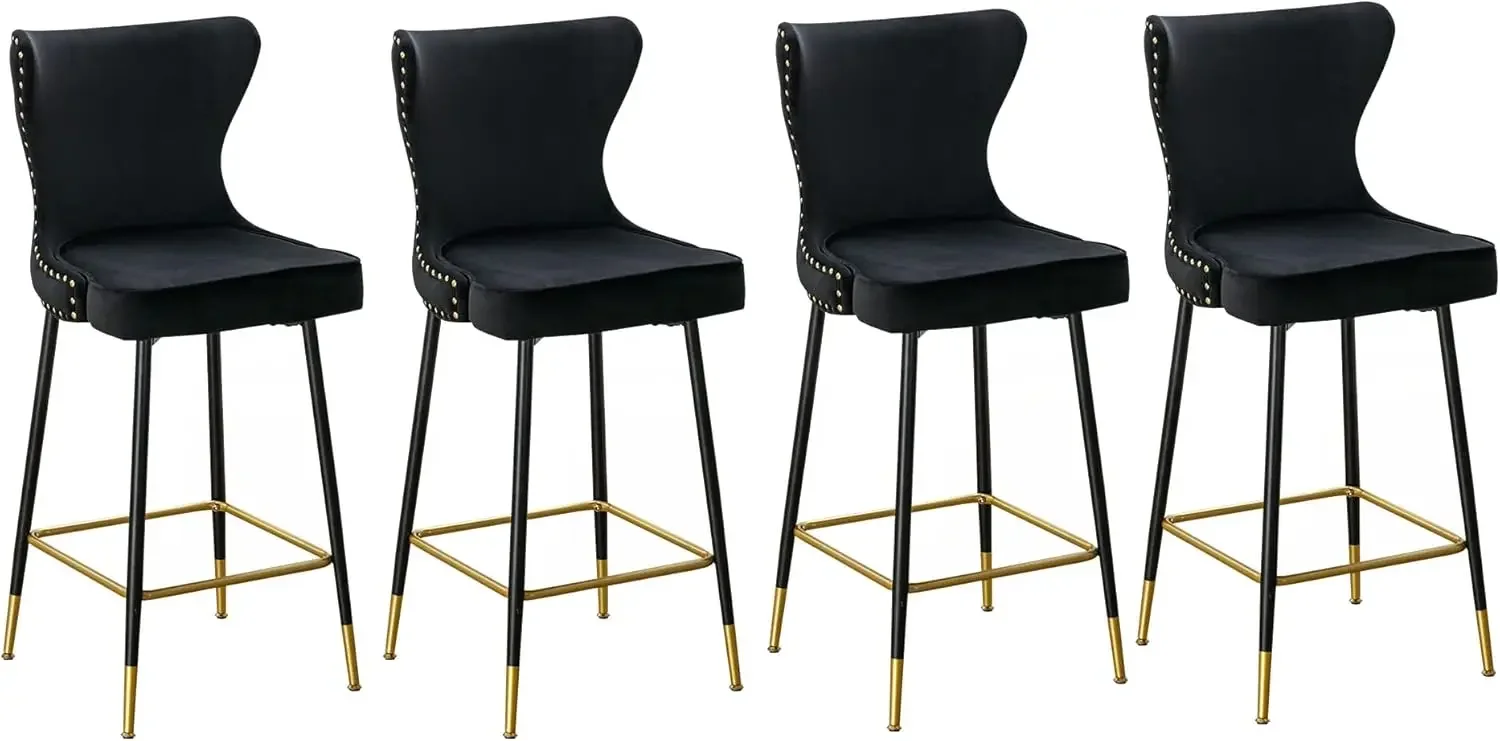 Modern Bar Stools Set of 4, Velvet Button Tufted Upholstered Counter Height Chair  Home Bar Kitchen Breakfast Island (Black)