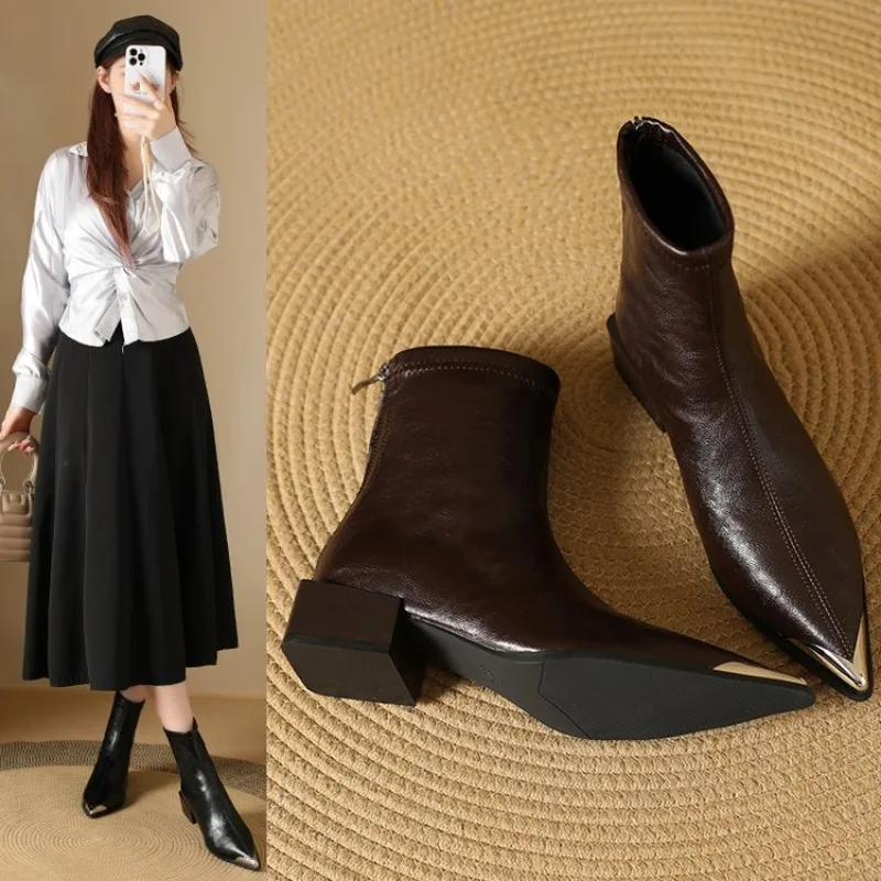 

2026 Rear Zipper Fashion Women's Ankle Boots Metal Pointed Toe Ladies Shoes Crude Heel Western Cowboy Boots Female Fashion New