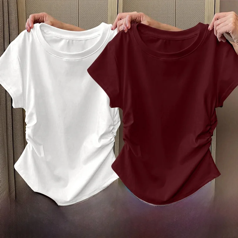 Women's Short Sleeve T-Shirt Ribbed Waist Slimming Summer Fashionable Commute Friendly Versatile Top Korean Style Regular Fit