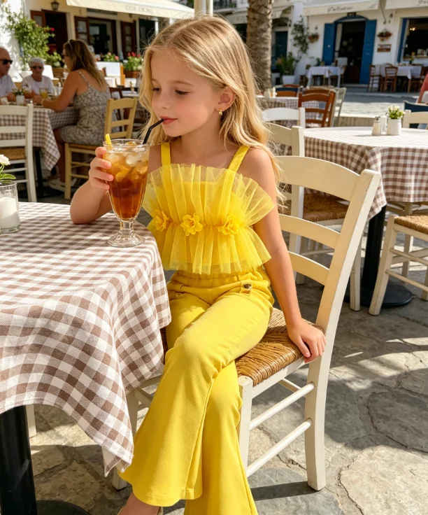 

Girls' Suit 2026 Spring/summer New Children's Clothes Baby Girl Solid Color Rose Net Yarn Top Flared Pants Two-piece Set