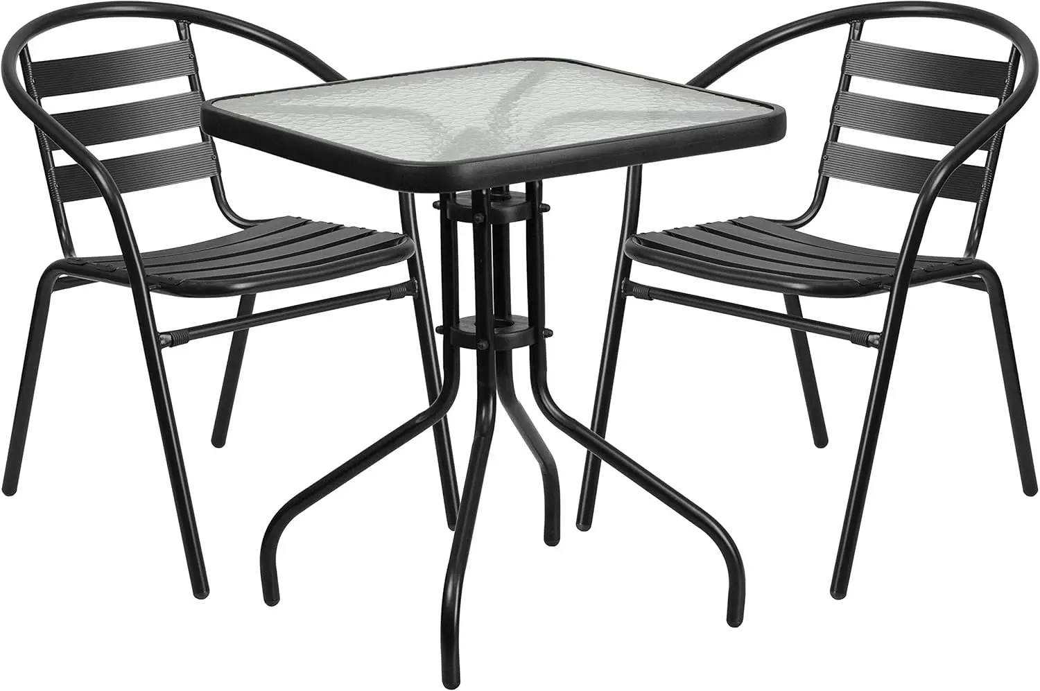 Lila 23.5'' Square Glass Metal Table With 2 Black Metal Aluminum Slat Stack Chairs