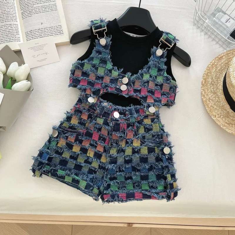 

Girls Suit2025Summer Vest Colorful Plaid Denim Vest Shorts Children's Casual Three-Piece Set