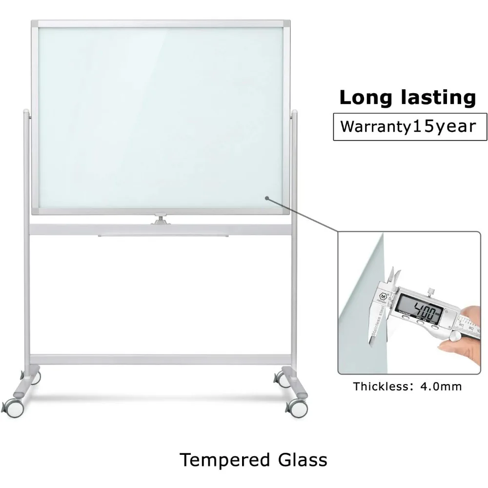 سبورة بيضاء زجاجية مغناطيسية كبيرة الحجم مع سطح وعجلات للمسح الجاف، 48 × 36 #3