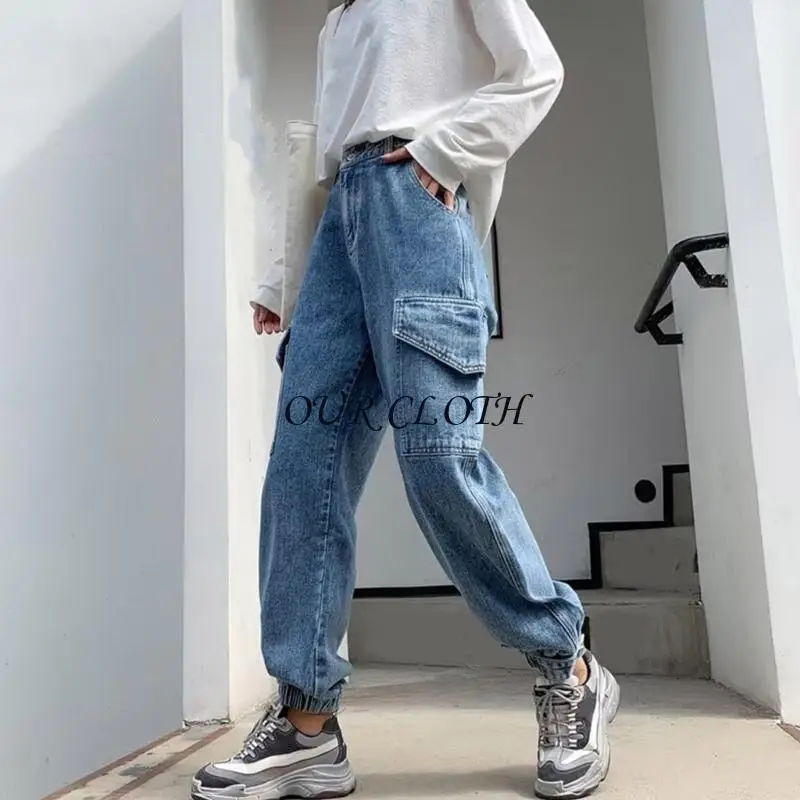 

Womens Elastic High Waist Cargo Jogger Jeans Pant with Side Flap Pockets Casual Loose Sweatpants Denims Trousers Y1AC