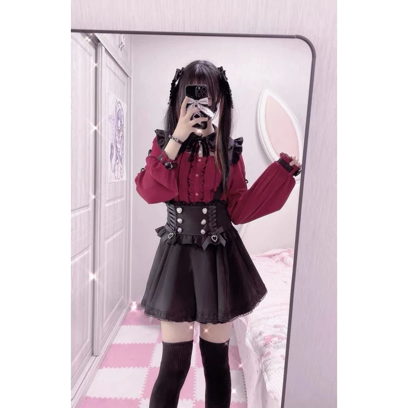 Rote Spitze Oulder Bared Long Sve irt und Rock mit hoher Taille, japanisches Sle orm Outfit k Series School orm