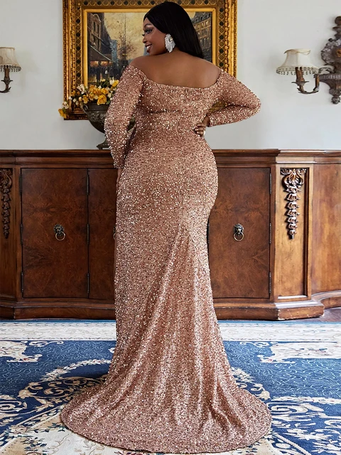 Rose Gold Sequined Plus Size Evening Formal Dresses Long Sleeves Side Split  Sexy Mermaid Special Occasion Gowns For Women - AliExpress