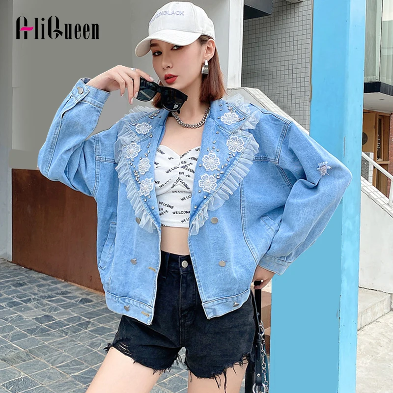 

Vintage Mesh Patchwork Appliques Diamonds Short Denim Jacket Women Oversized Girls Jean Jacket Streetwear Coat Mujer Chaqueta