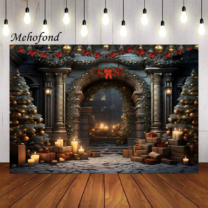 Mehofond ฉากหลังของการถ่ายภาพฉากหลังของปราสาทหิมะต้นคริสต์มาสวินเทจสำหรับเด็กครอบครัว