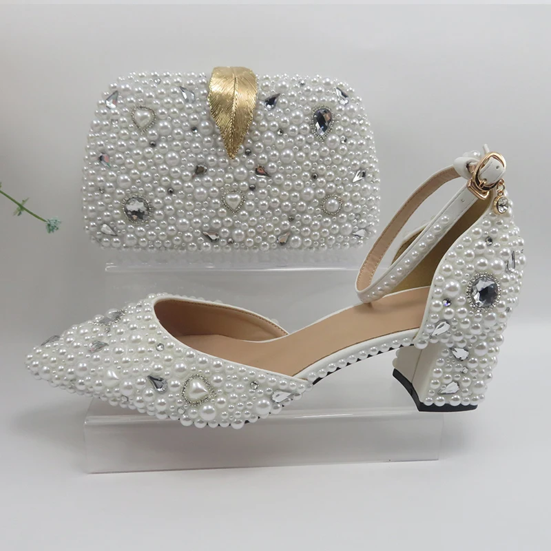 New models White pearl Women Bridal wedding shoes and Bag Pointed Toe Female Party Shoes Fashion Ankle Strap Thick Heel Pumps