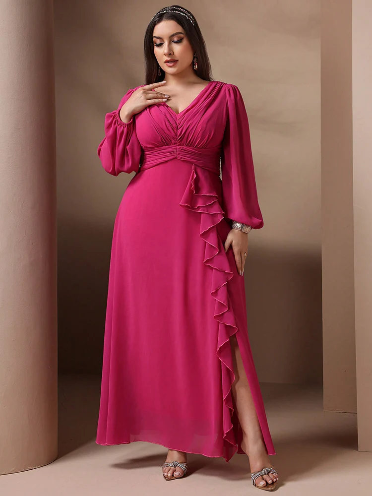 TOLEEN 2024 New in Casual Ruffle Elegant Formal Party Maxi Dresses Plus Size Women Solid Color Simple Daily Long Sleeve Dress