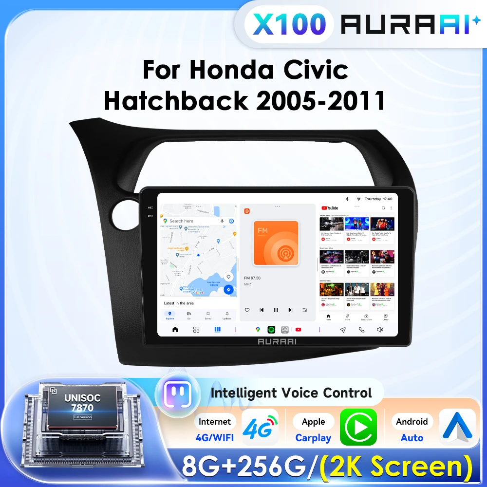 AURAAI autoradio pour Honda Civic Hatchback 2005-2011 lecteur multimédia Carplay Android Auto systèmes intelligents 2din GPS Navigation