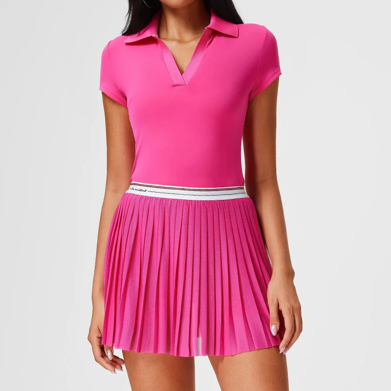 Women 2 Piece Tennis Skirt Set High Waisted Pleated Golf Outfits Athletic Sports Running Pickleball Skirt with Pockets Polo Top 3