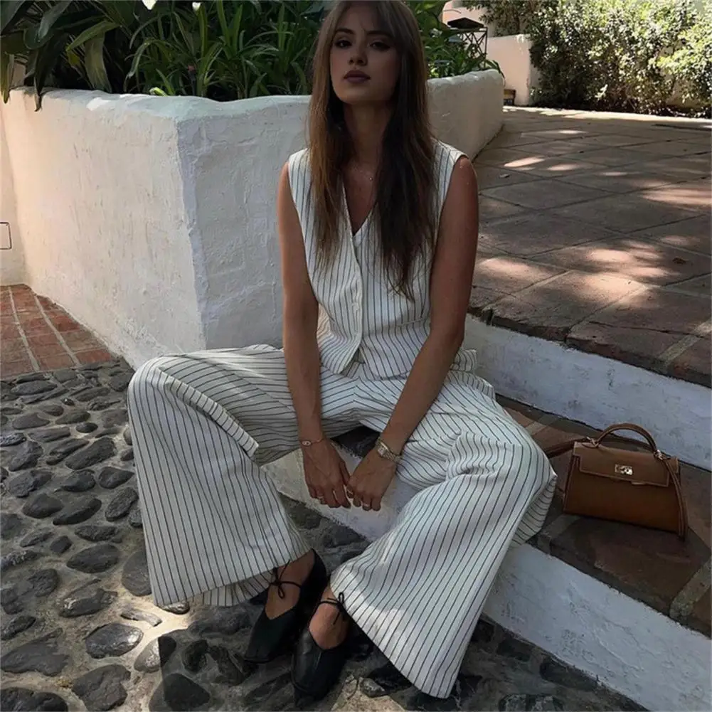 Two-piece Set Women Loose Fit Suit Chic Women's Linen Striped Suit Set with V-neck Tank Top Wide Leg Pants for Daily Wear Work