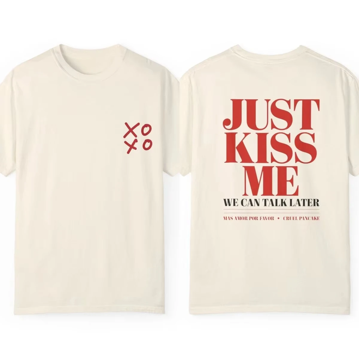 2026 Men Women Retro Text Back Print T-shirt Just Kiss Me Slogan Graphic Crew Neck Cotton Short Sleeve Casual Street Tops