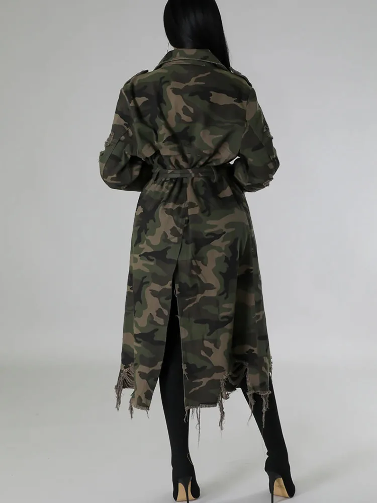 CamSolomon-Manteau long militaire à simple boutonnage pour femme avec ceinture, veste déchirée, vêtements d'automne et d'hiver