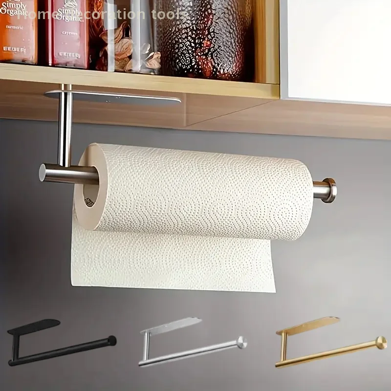 Self Adhesive Tssue Holder Punch-free Roll Paper Holder Kitchen Hook Storage Holder Stainless Steel Wall Mount Towel Rack