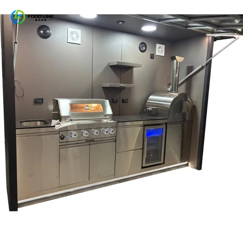 Customized smart closeable shed outdoor kitchen cabinet with sink refrigerator pizza oven and speaker for garden bar BBQ cooking view 2