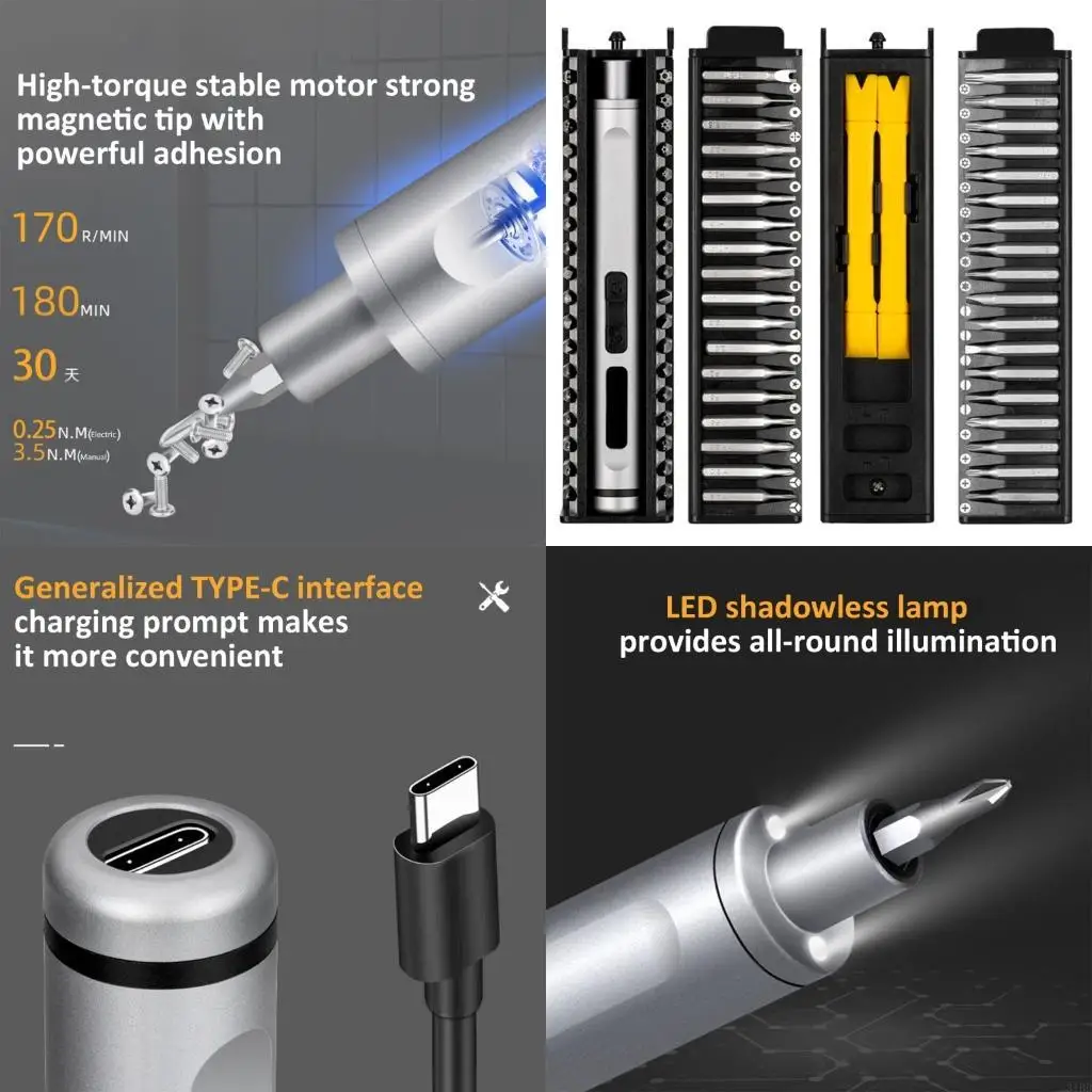 充電式ミニドライバーキット-磁気ビット付属-プロの修理用ledライト