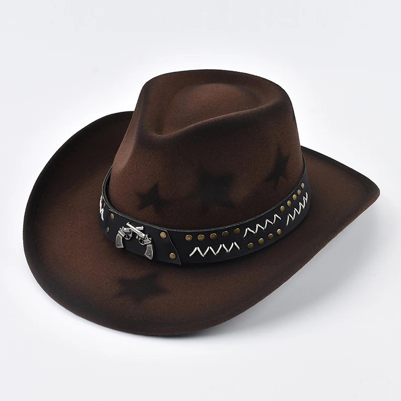 Unisex Vintage Western Cowboy Cowgirl Hat With Punk Belt Winter Autumn Imitation Wool Jazz Hat Cowgirl Party Costume Accessories