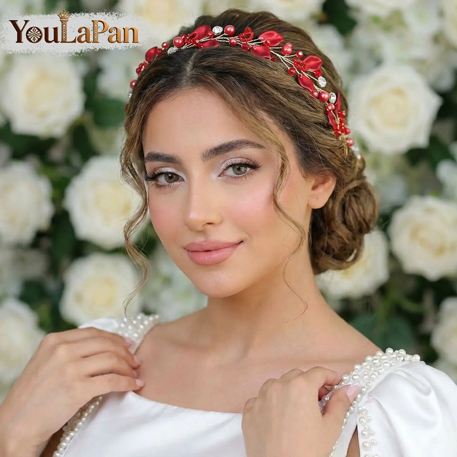 

YouLaPan Red Color Alloy Leaf Bride Hair Vine Pearl Crystal Wedding Hair Band Banquet Party Bridesmaid Hair Accessories A350