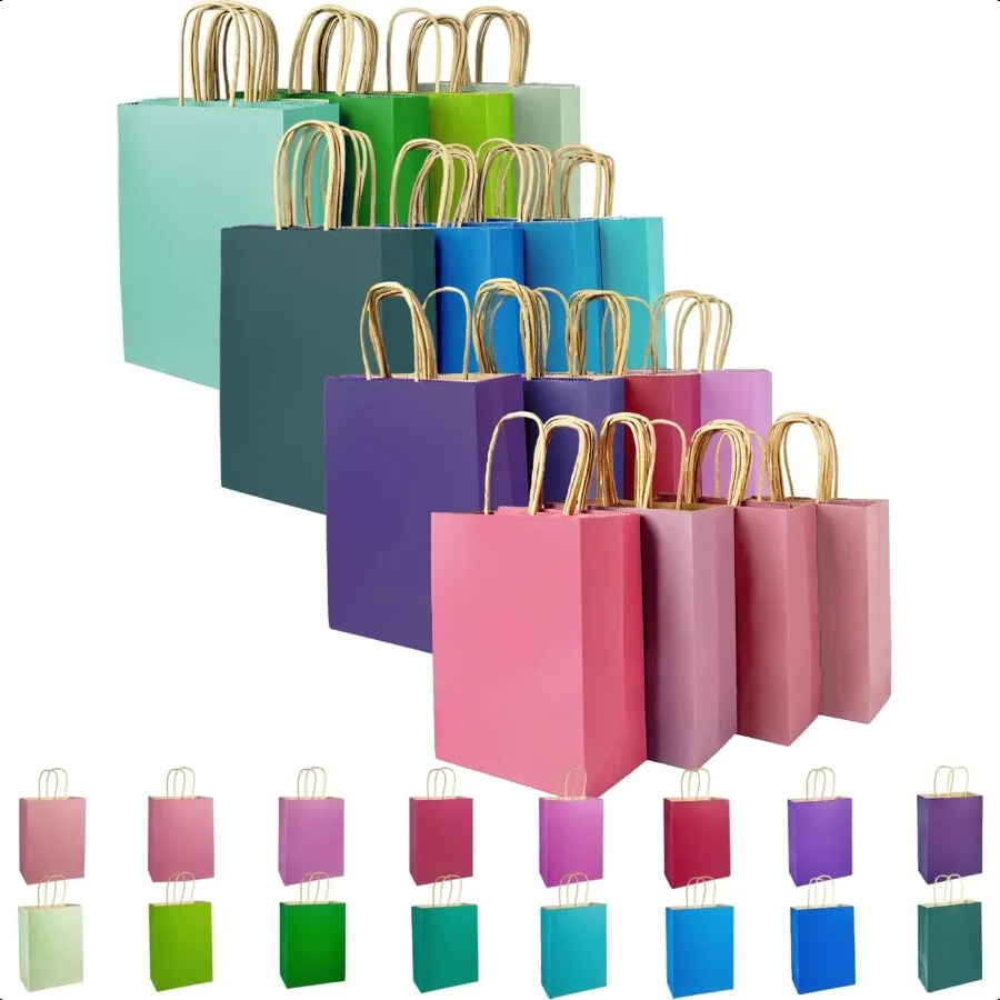 

32Packs Paper Bags with Handles Bulk 8.26"×6"×3.15" Small Gift Bags 16 Different Senior Light Color Bags Multiple Uses Small Si