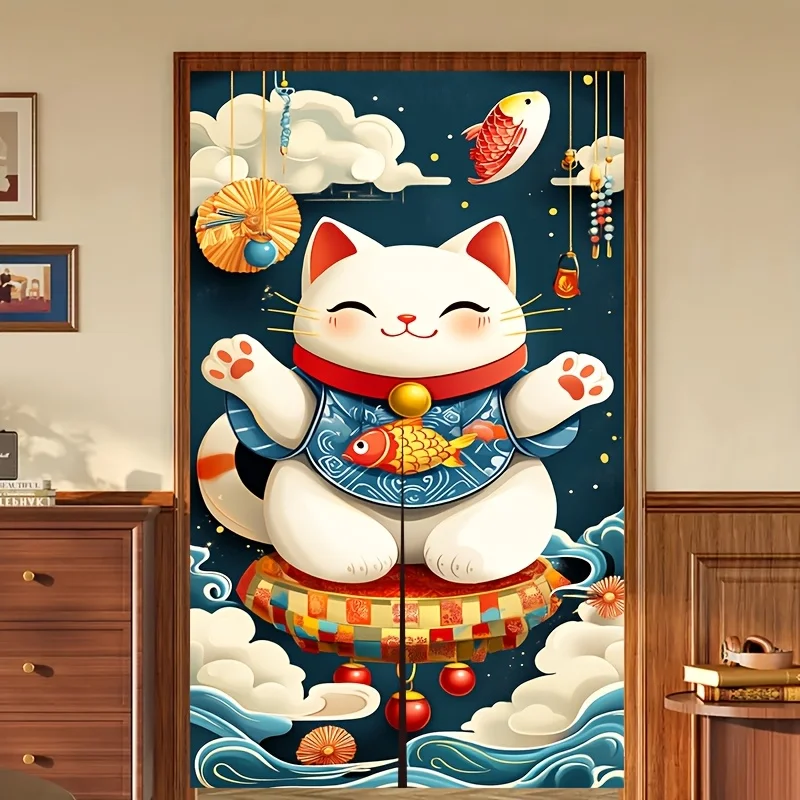 

1 японская дверная занавеска Maneki Neko — милый толстый рисунок кота с рыбой и облаками, идеально подходит для спальни, украшения дома