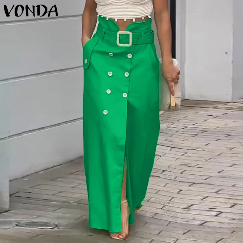 VONDA Women Skirts 2025 Casual Waistband Button Design Slit Long Overskirts Elegant Solid Color Office Lady Bottoms Oversized