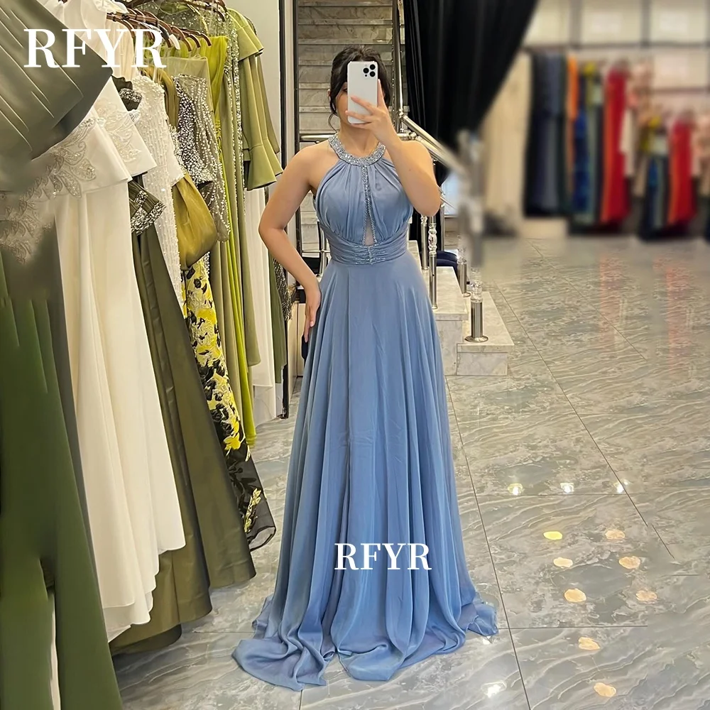 

RFYR A Line Prom Dress Halter Princess Dress Chiffon Beading Party Dress for Arabic Women Customized