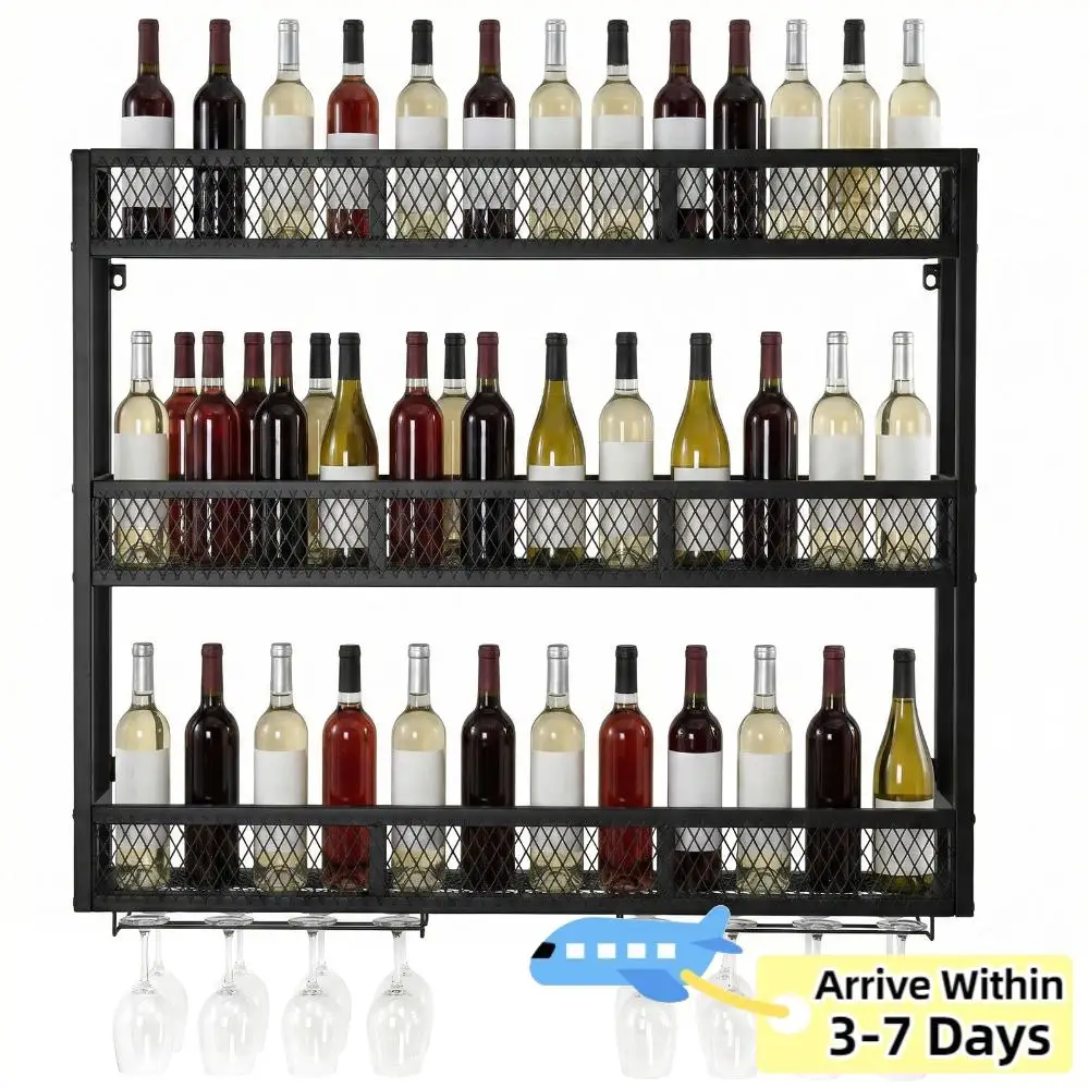 

Настенная винная полка на 3 уровня (39 дюймов) с держателем для бокалов, настенные полки для алкоголя для кухни, домашнего бара, столовой, гостиной