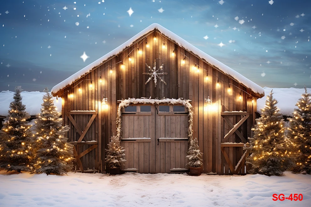 Fond de photographie de Noël d'hiver, arbre de Noël, grange en bois, décoration de portrait de neige, fond de bannière, studio photo