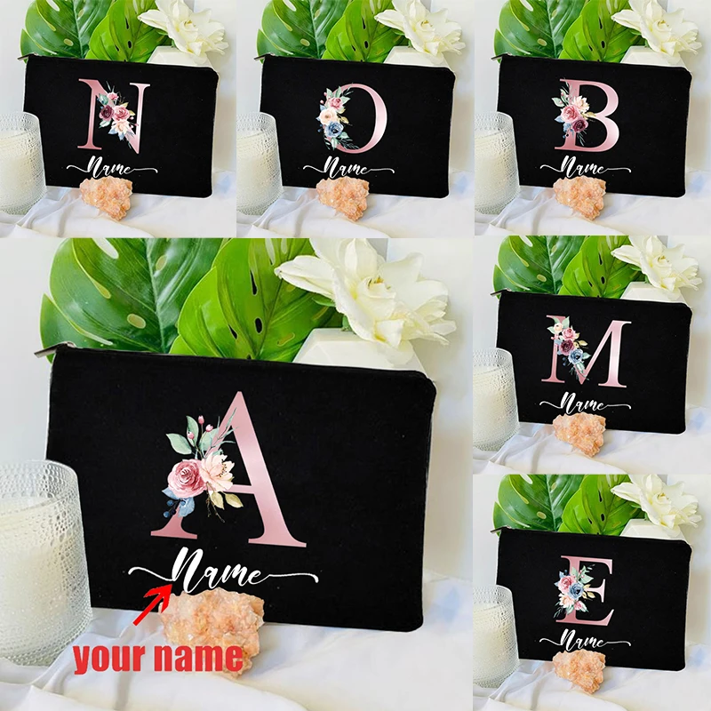 Letter Gradiënt Bloem Make-up Tas Dames Aangepaste Naam Canvas Toilettas Lippenstift, Reisopbergtas Vakantiecadeau Portemonnee