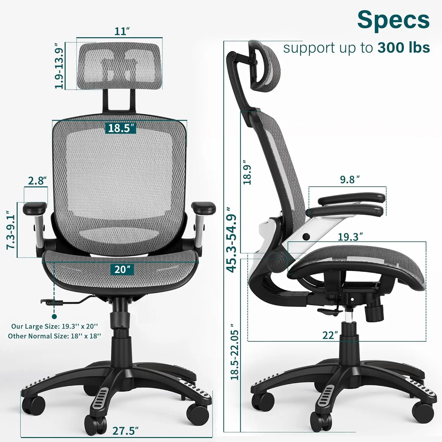 Silla ergonómica de oficina de malla, asiento de escritorio de espalda alta, reposacabezas ajustable con brazos abatibles, función de inclinación, soporte Lumbar